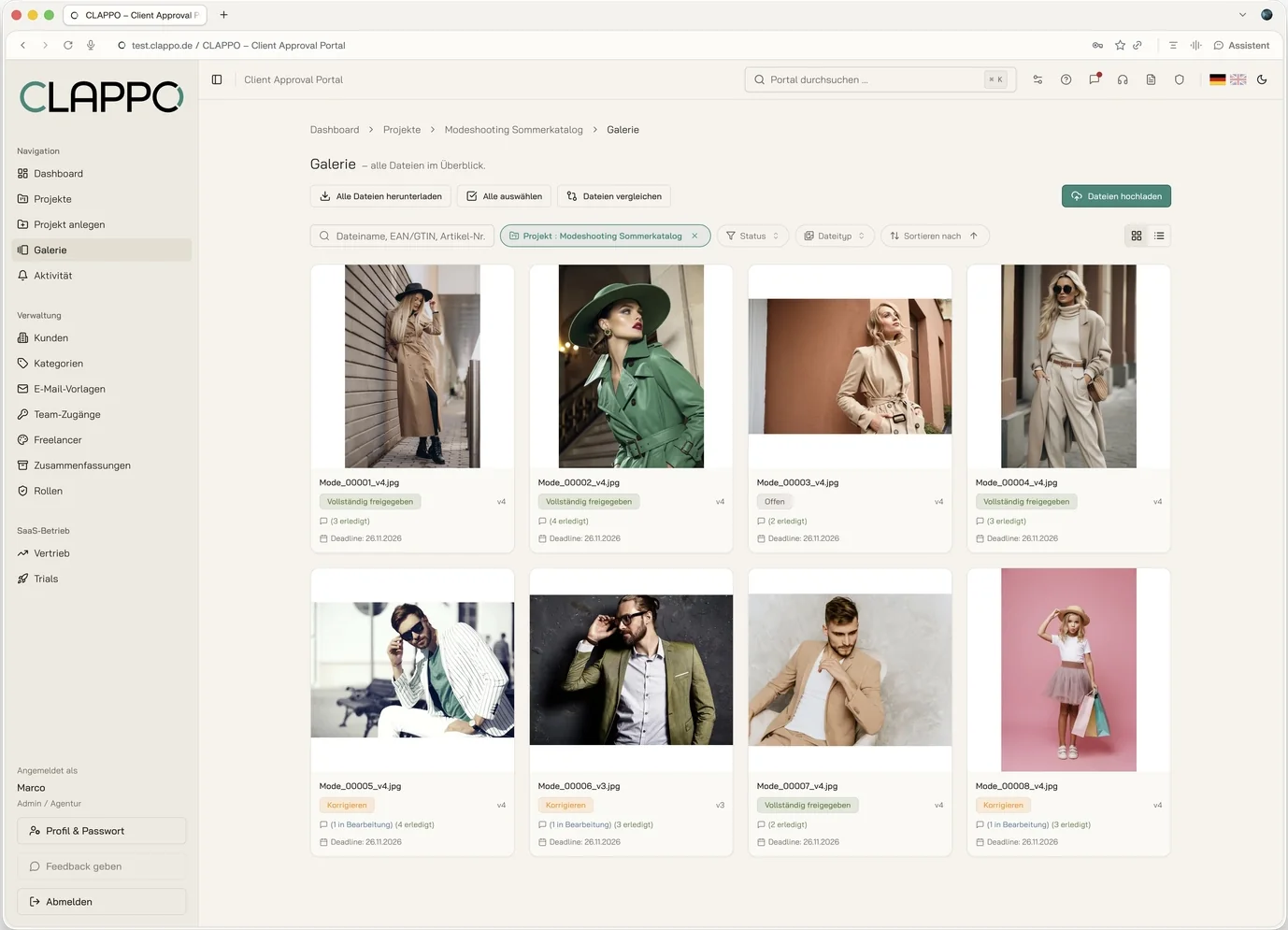 Gallery in tile view with status, comments and deadline per file
