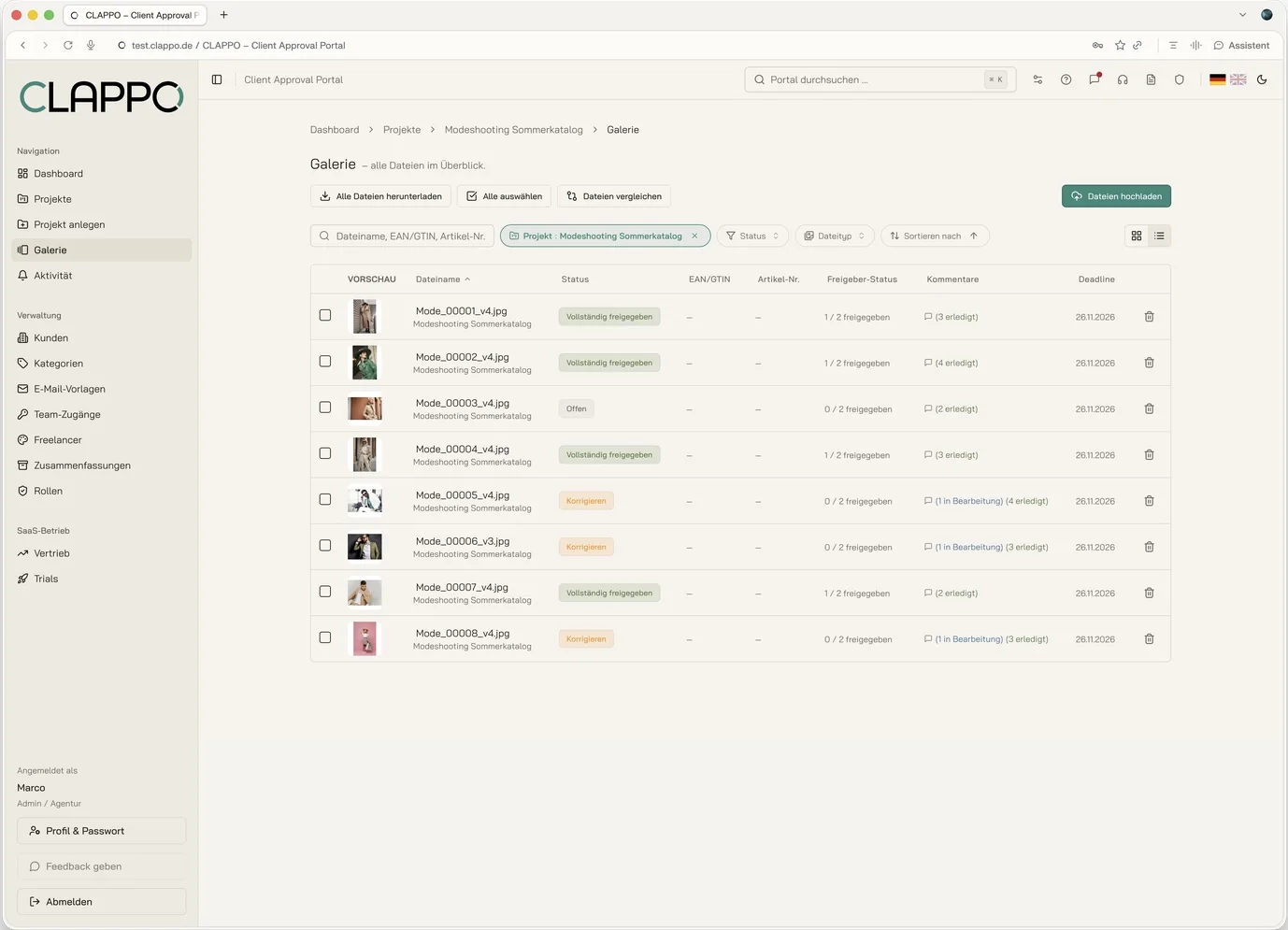 Gallery in list view with approver status and comments per file
