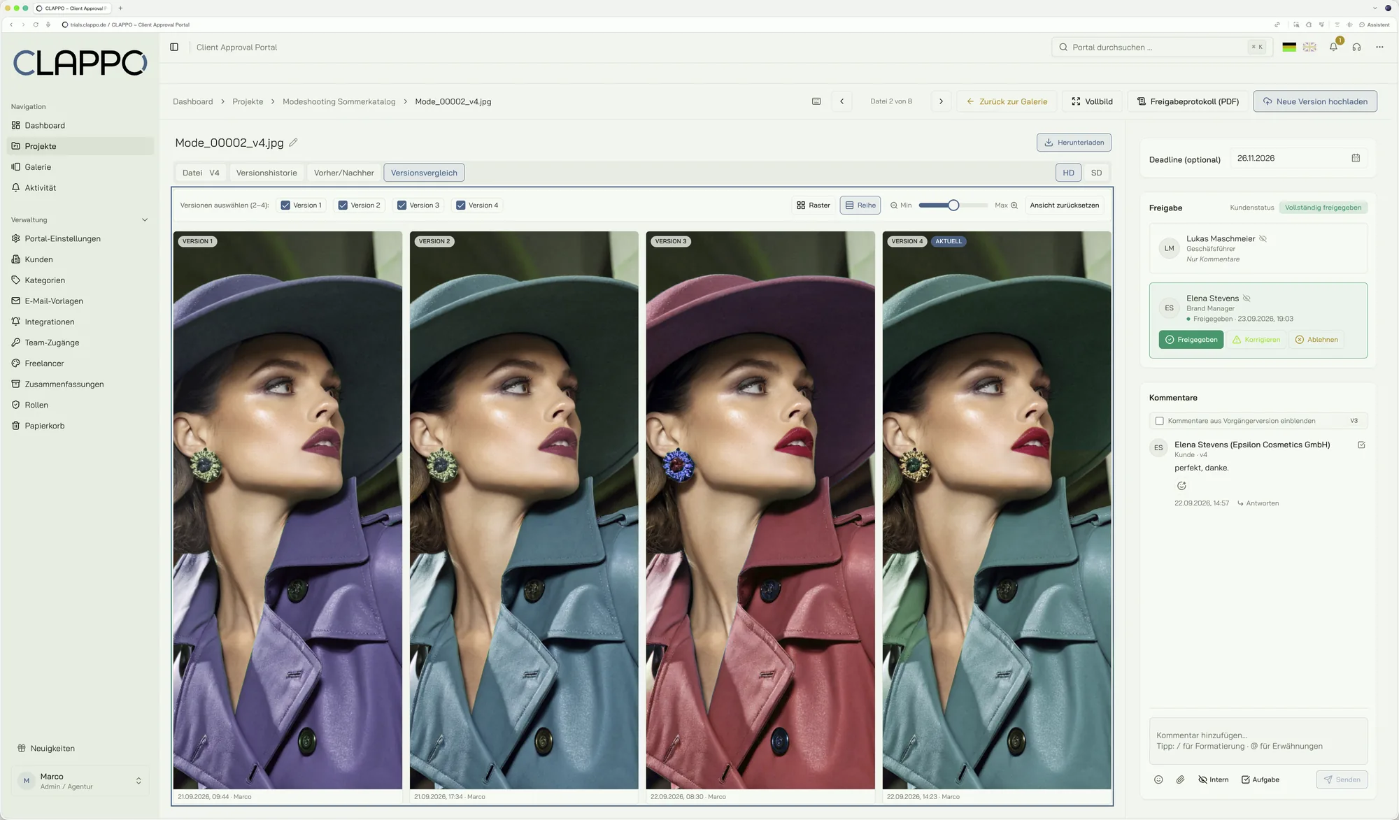 Pestaña de comparación de versiones, disposición en fila: cuatro versiones de una foto de moda una junto a otra, con la versión 4 marcada como actual