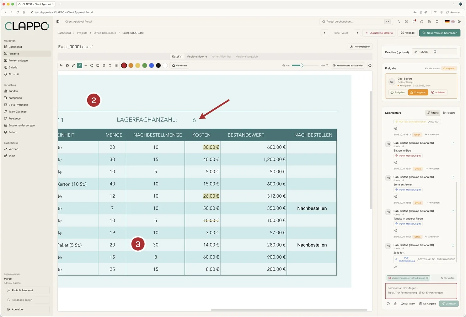 Excel spreadsheet in the portal with comments in the sidebar