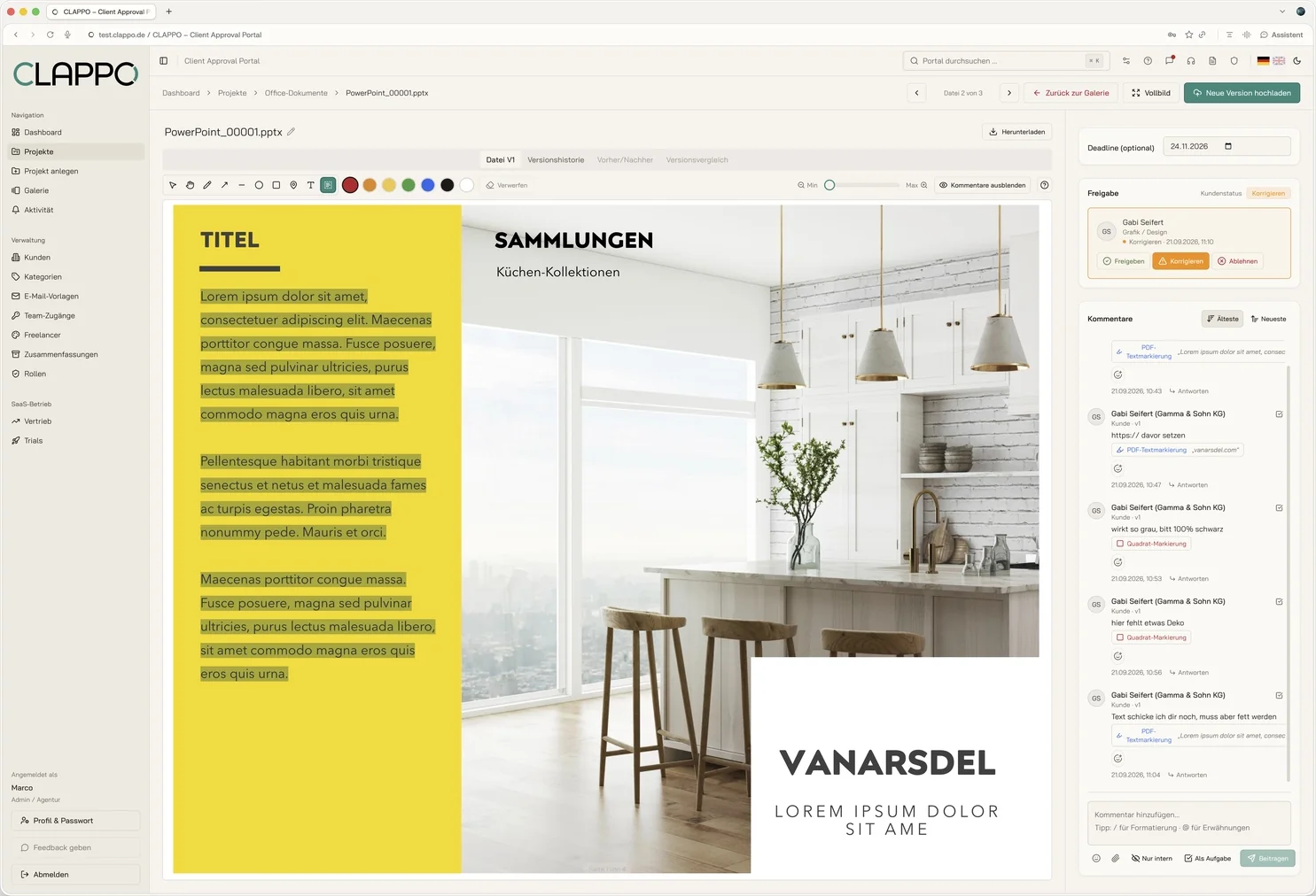 Presentation with highlighted text passages and linked comments