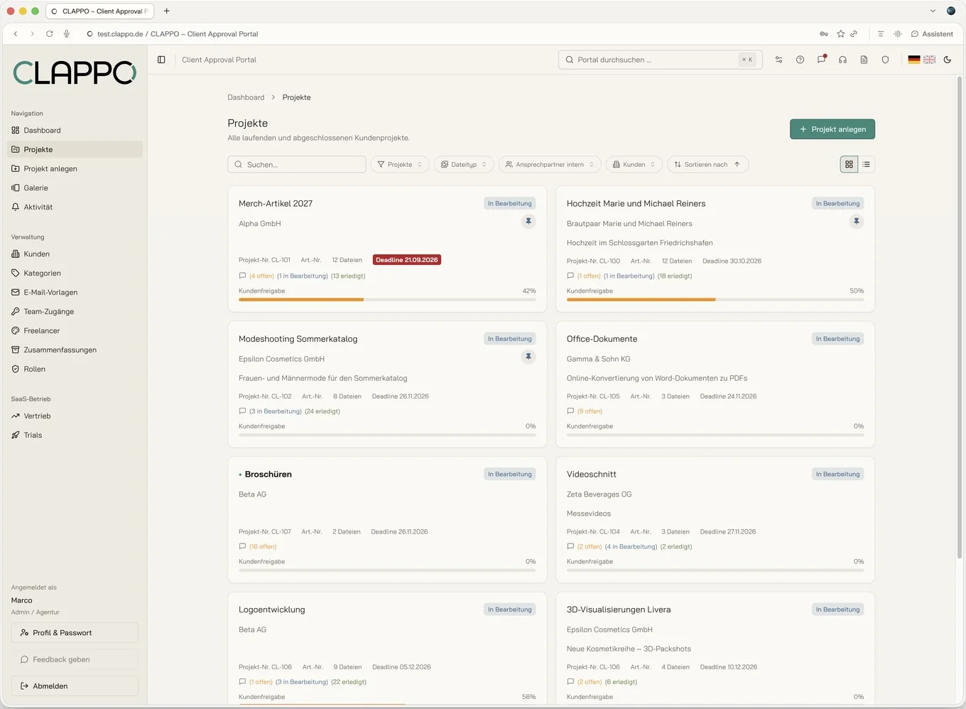 Project overview in tile view with approval progress per project