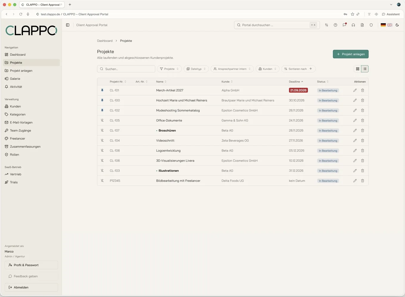 Project overview in list view with project number, client, deadline and status